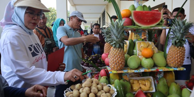 Bupati Merlan S. Uloli bersama tim juri saat melakukan penilaian pada lomba merangkai buah yang diikuti oleh jajaran Puskesmas dan Rumah Sakit se-Kabupaten Bone Bolango yang digelar di Halaman GOR Harapan dan Prestasi Kecamatan Bulango Timur, Jumat (19/1/2024). (F.AKP/Diskominfo)