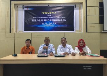 Sekda Bone Bolango, Iwan Mustapa saat membuka kegiatan Forum Data dan Sosialisasi Peran Sekretaris OPD Sebagai PPID Penguatan Wali Data yang berlangsung di Aula Bappeda Litbang Bone Bolango, Rabu (10/9/2025). (F.Indra/Diskominfo)