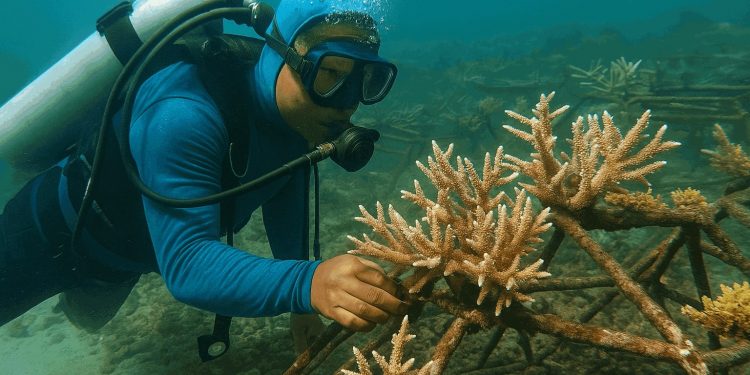 Kelompok Barrier Reef Botutonuo saat melakukan monitoring pertumbuhan karang.