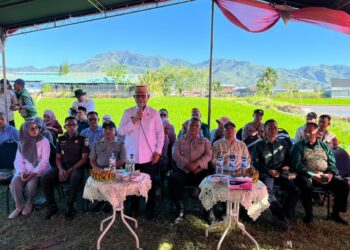 Bupati Bone Bolango, Ismet Mile, saat menghadiri Gerakan Tanam Serempak Padi Metode PM-AAS yang dipusatkan di lahan Kelompok Tani Mutiara, Desa Talango, Kecamatan Kabila, Kamis (30/7/2026). (F.Lanto/Prokopim)