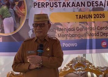 Bupati Bone Bolango, Ismet Mile saat menghadiri penilaian lomba perpustakaan desa/kelurahan Provinsi Gorontalo tahun 2026 di Perpustakaan An-Nur Desa Poowo Kecamatan Kabila, Bone Bolango, Senin (14/9/2026).