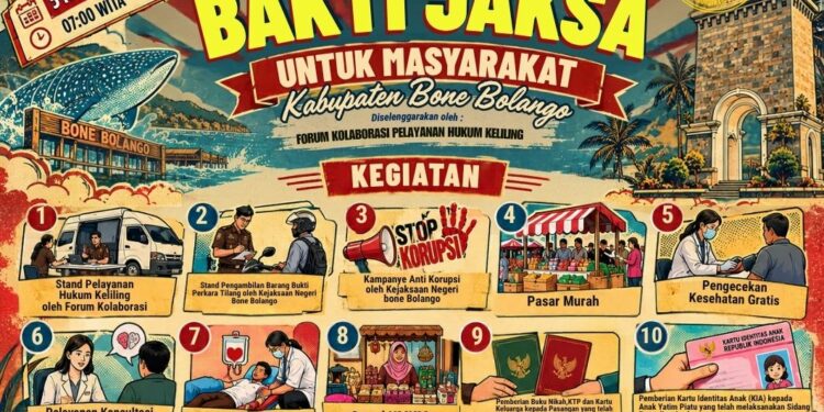Kejaksaan Negeri Bone Bolango menghadirkan 14 layanan terpadu melalui program Bakti Jaksa untuk Masyarakat, mulai dari pelayanan hukum hingga kesehatan gratis, pada 5 November 2026 di Center Point Bone Bolango.